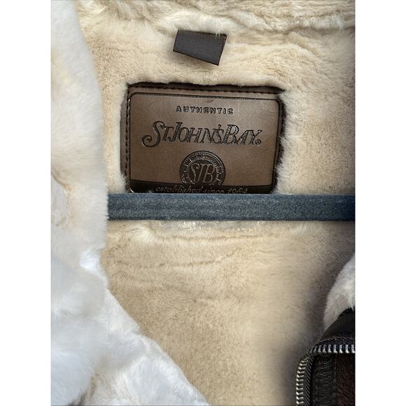 VTG St John’s Bay Brown Leather Pilot Jacket Faux Fur Lining Womens XL Bomber - Picture 2 of 10